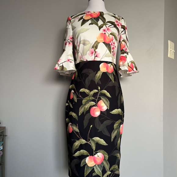 Ted Baker Areea Peach Blossom Leaves Sheath Pencil Cocktail Sheath Dress Small - Picture 7 of 16